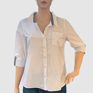 Tommy Hilfiger Button Up Shirt Size XXL Heritage White Red & Blue, Tab-Roll NWT
